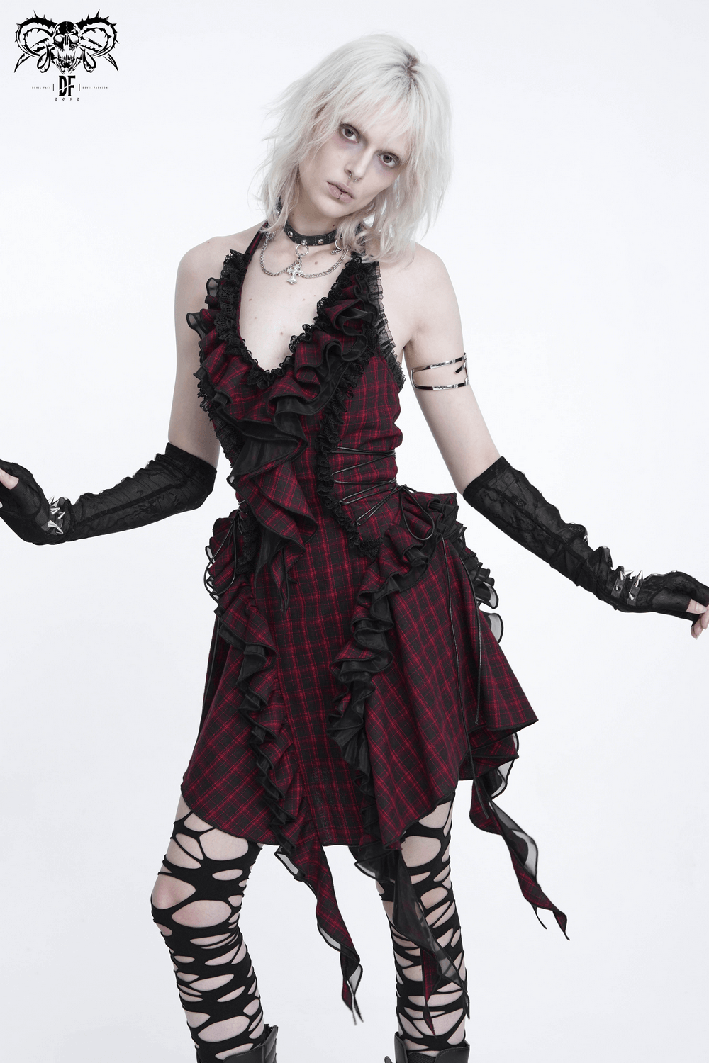 Punk Plaid Lace-Up Ruffle Asymmetrical Mini Dress