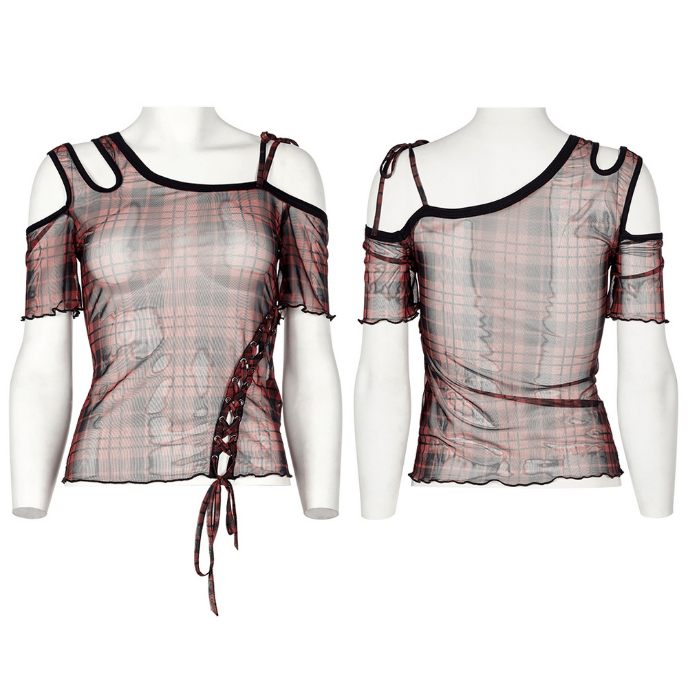 Punk Plaid Mesh Off-Shoulder Women's T-shirt - HARD'N'HEAVY