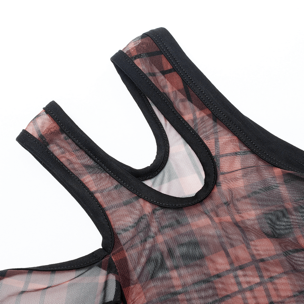 Close-up of off-shoulder punk plaid mesh T-shirt neckline with black outline and soft plaid fabric.