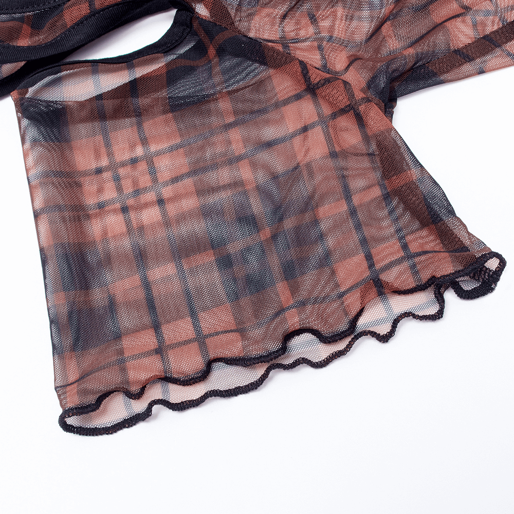 Close-up of punk plaid mesh fabric in earthy tones showcasing the soft texture and off-shoulder design details.