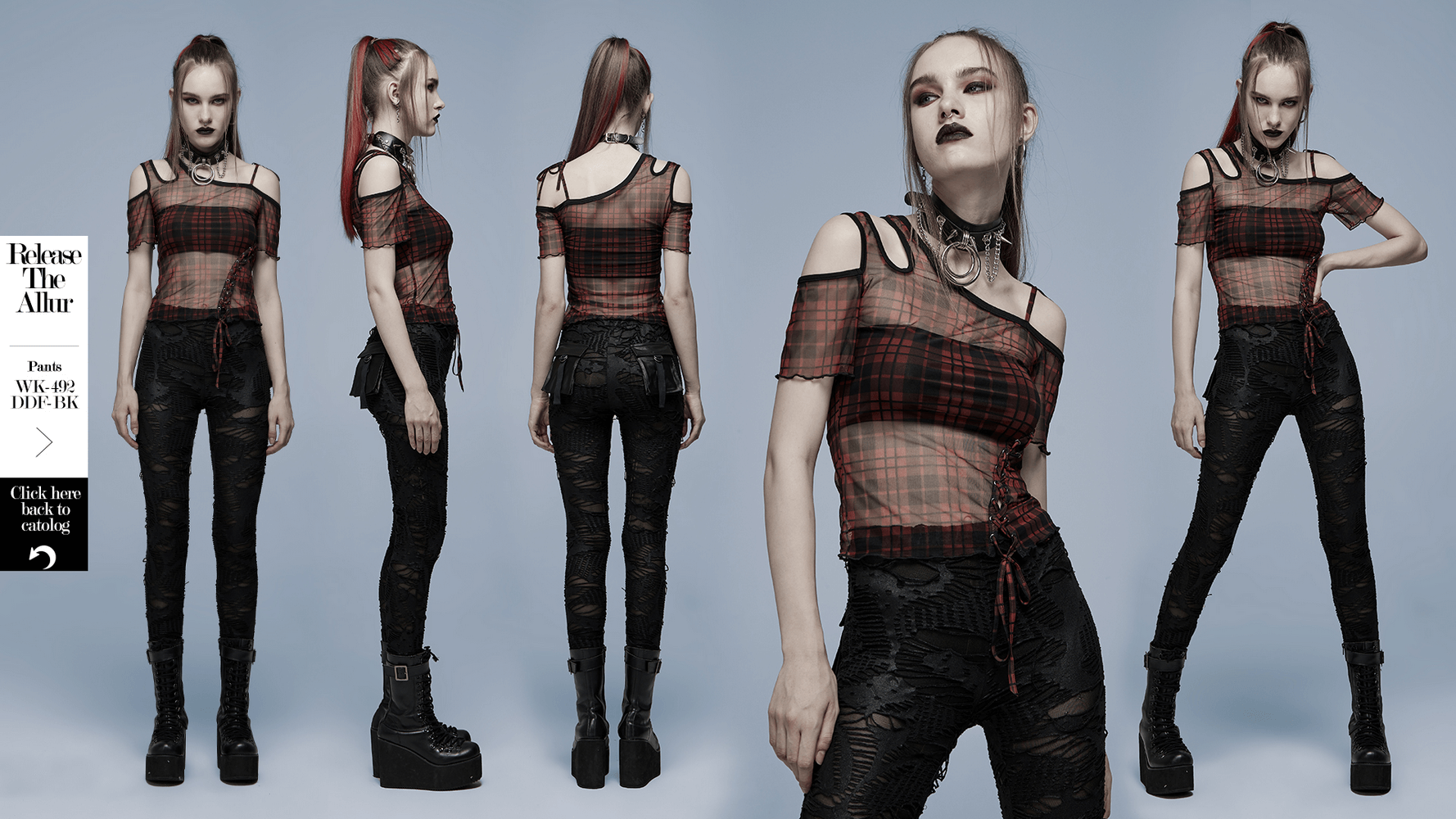 Punk plaid mesh off-shoulder women's T-shirt featuring stylish asymmetric neckline and alluring sleeves.