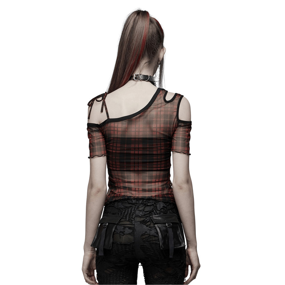 Punk Plaid Mesh Off-Shoulder Women's T-shirt - HARD'N'HEAVY