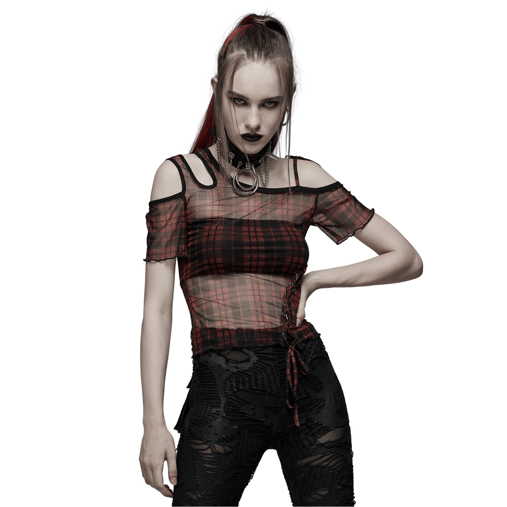 Punk Plaid Mesh Off-Shoulder Women's T-shirt - HARD'N'HEAVY