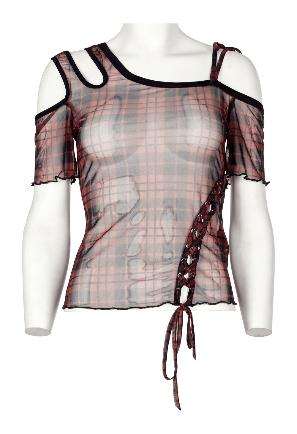 Punk plaid mesh off-shoulder women's T-shirt in red tones, showcasing a fashionable asymmetric design with lace-up details.