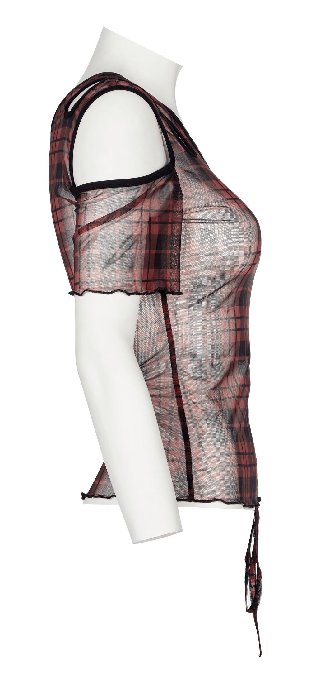 Punk plaid mesh off-shoulder women's T-shirt showcasing an asymmetric neckline and stylish side view.