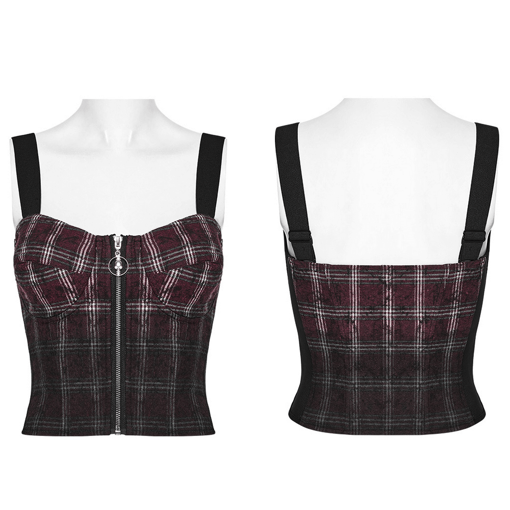 Punk plaid top with skull zipper, adjustable straps, featuring a stylish tie-dyed plaid design.