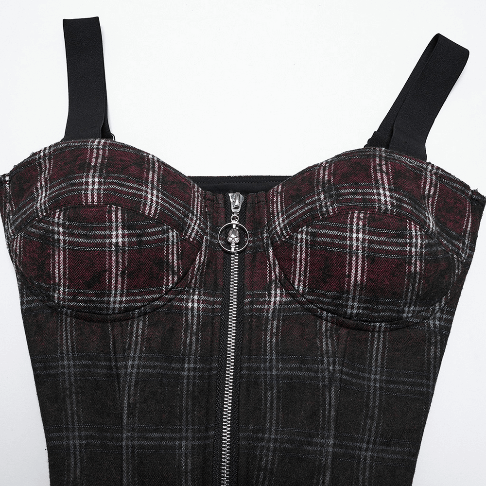 Punk plaid top featuring a skull zipper, adjustable straps, and a vintage tie-dyed design.