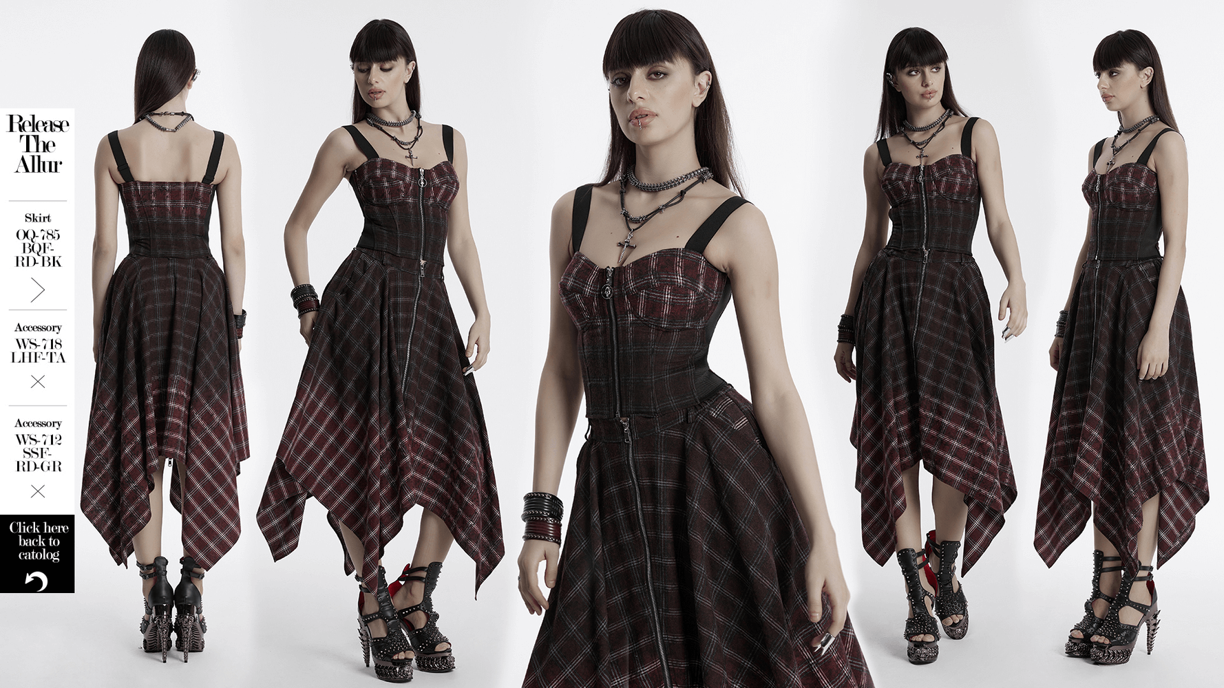 Punk plaid top featuring skull zipper, adjustable straps, and stylish asymmetric hem.