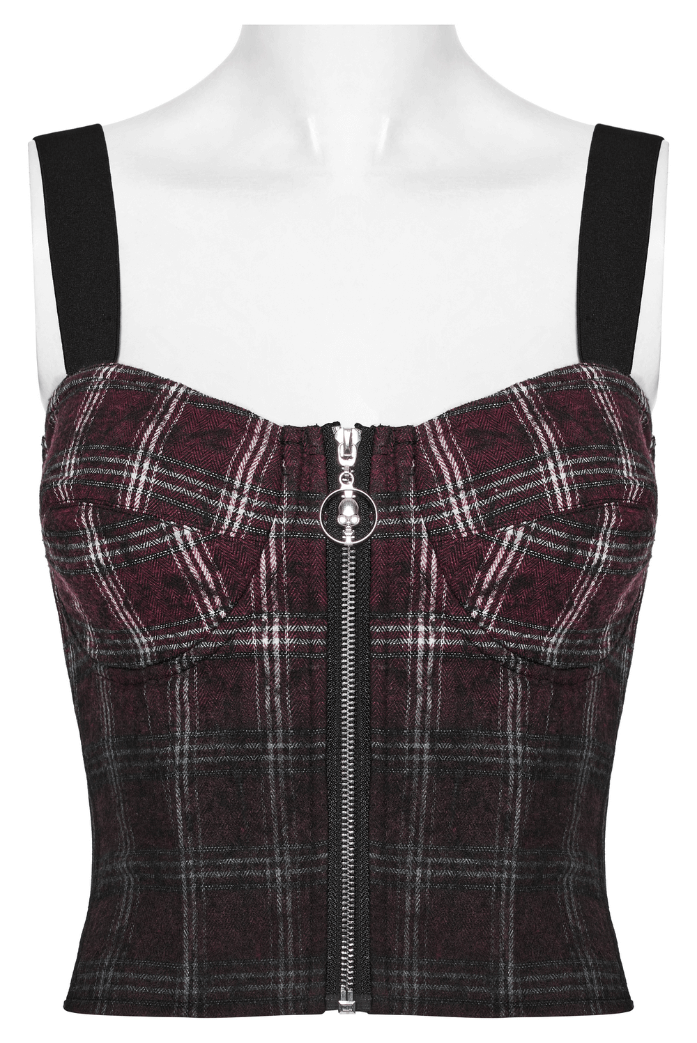 Punk plaid top with skull zipper and adjustable straps in gradient colors for a bold statement style.