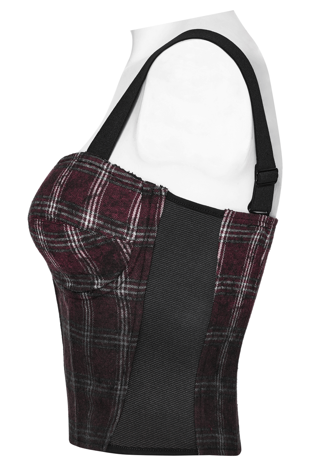 Punk plaid top featuring adjustable straps and skull zipper for a bold style statement.