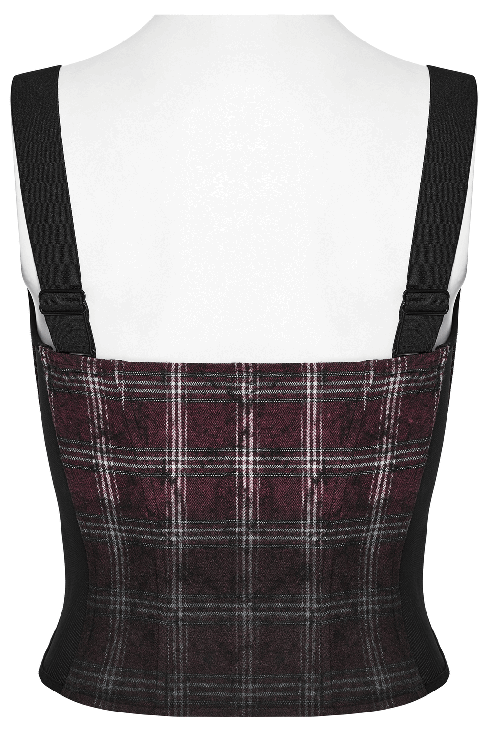 Back view of Punk Plaid Top with adjustable straps and gradient tie-dye fabric in dark red and black.