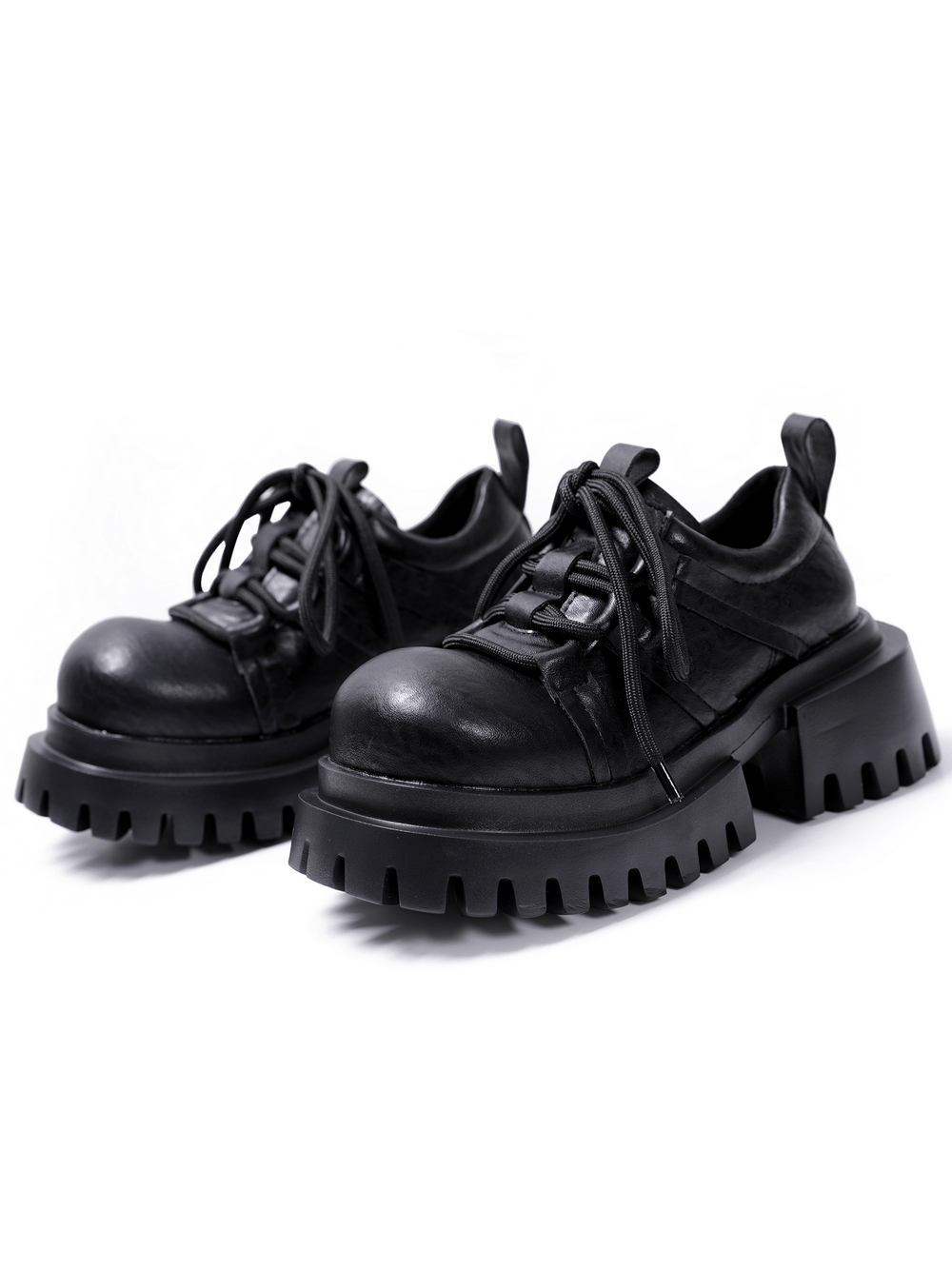 Punk Platform Derby Shoes with Sculpted Tread Sole featuring chunky lug sole and lace-up design for a bold look.