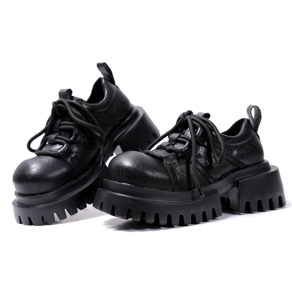 Punk Platform Derby Shoes with Sculpted Tread Sole - Women's black chunky lace-up shoes with lug sole and bold style.