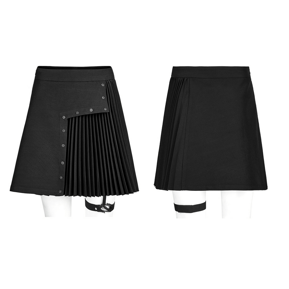 Dark punk pleated asymmetric skirt with engraved nails and geometric design, showcasing modern edgy style.