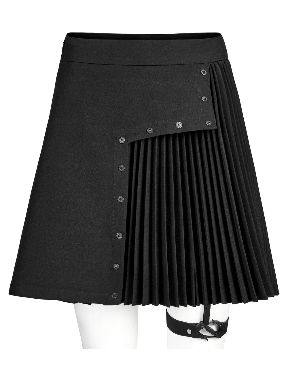Dark punk pleated asymmetric skirt with engraved nail details, showcasing a modern geometric design.