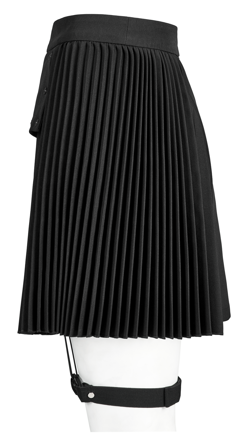 Asymmetric dark punk pleated skirt with engraved nails and detachable leg harness, showcasing a modern edgy look.