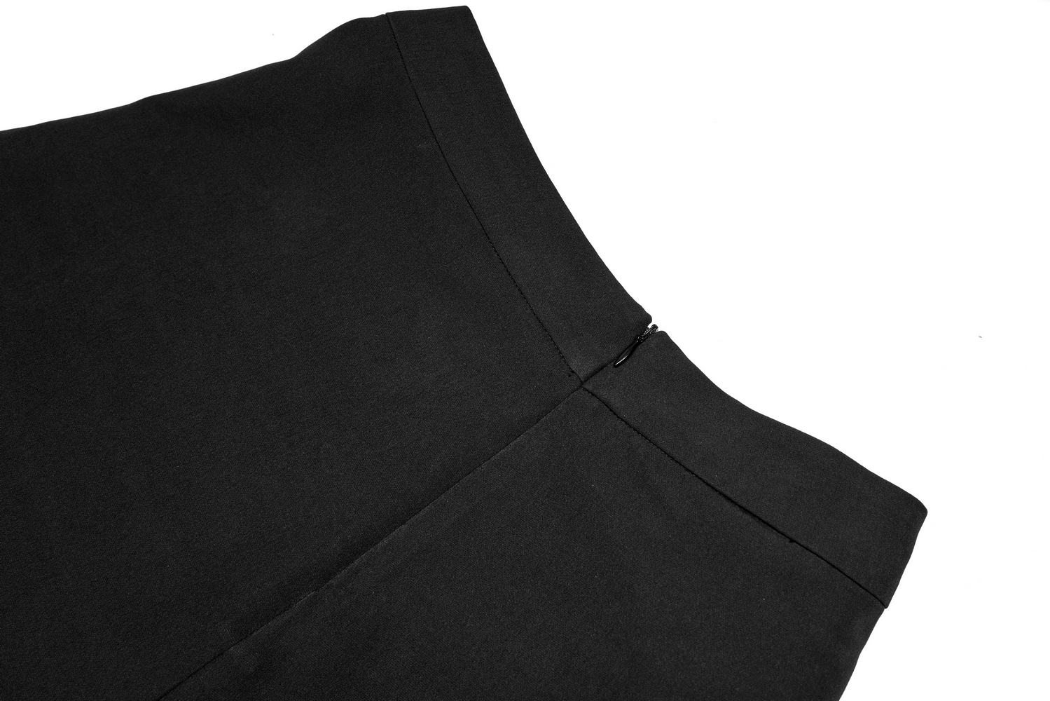 Close-up of the waistband and zipper of the dark punk pleated asymmetric skirt, showcasing sleek design details.