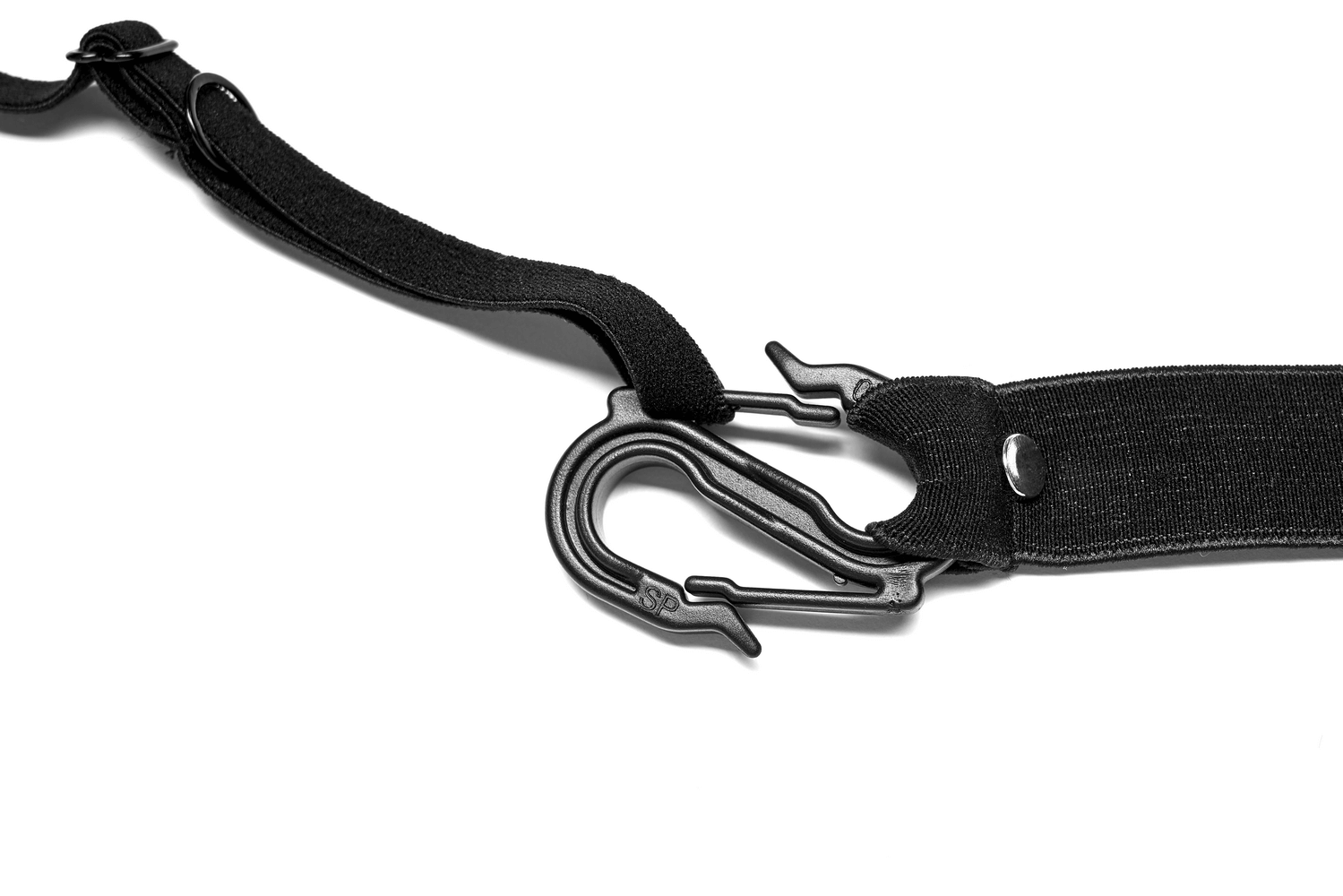 Close-up of a black adjustable belt featuring a sturdy metal hook for secure fastening.