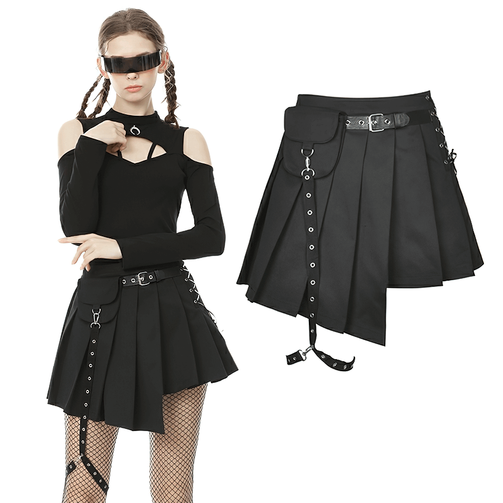 Punk pleated mini skirt with pocket and leg belt, edgy black gothic design for a stylish punk rock look.