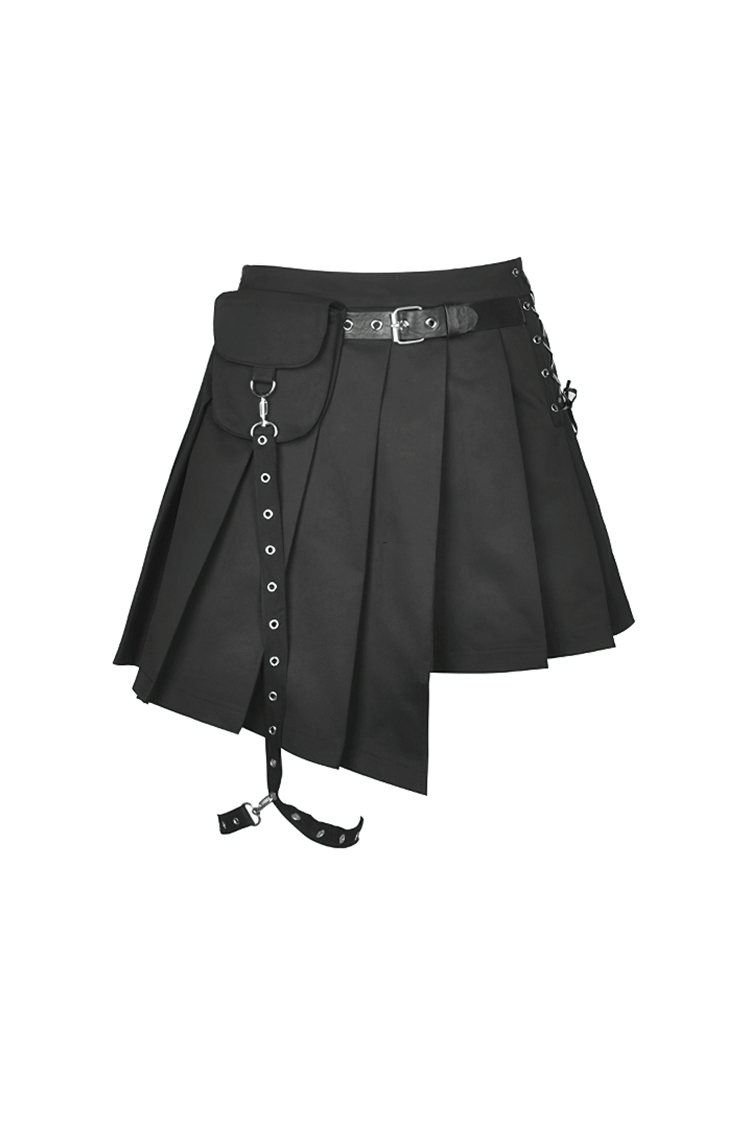 Punk Pleated Female Mini Skirt with Pocket and Leg Belt