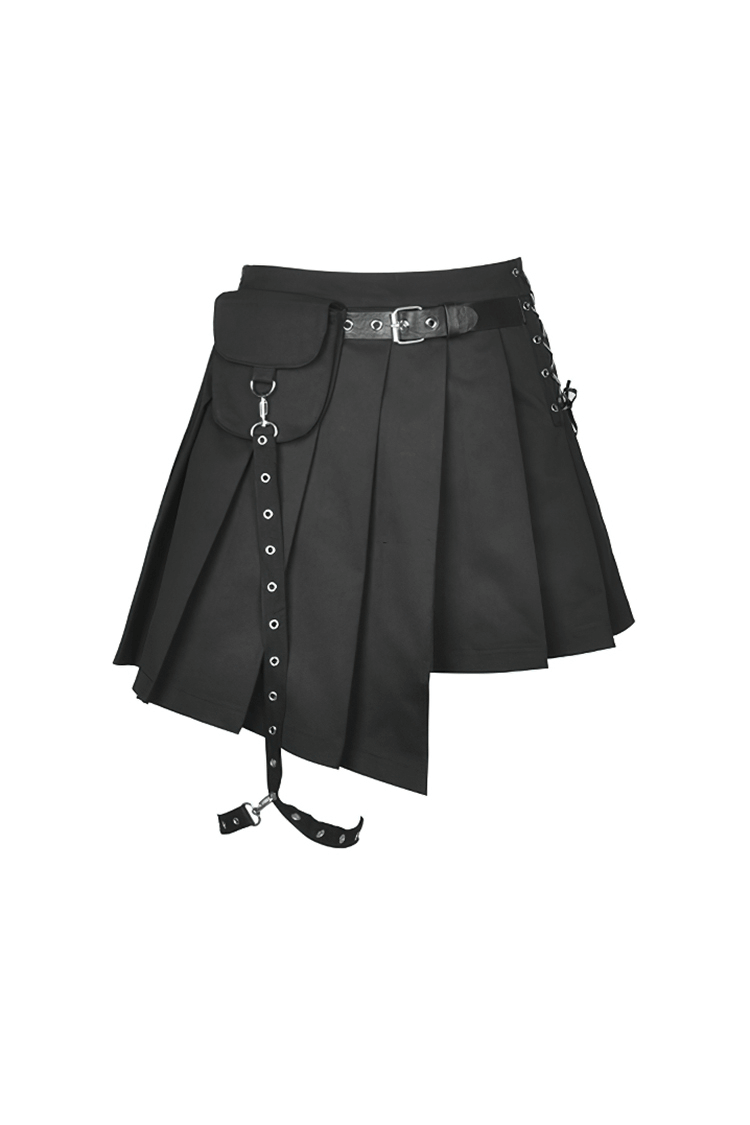 Edgy black pleated mini skirt with side pocket and belt, perfect for punk rock style.
