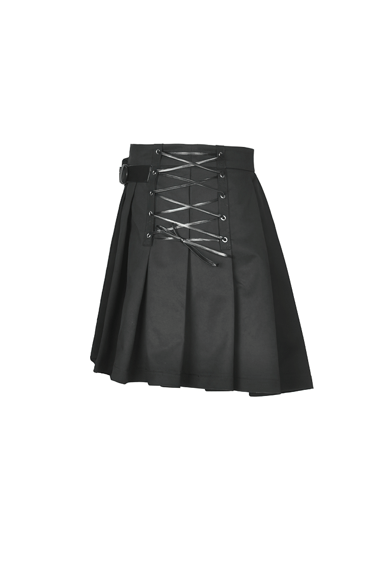 Edgy black punk pleated mini skirt with laced back and side pocket, perfect for a gothic look.