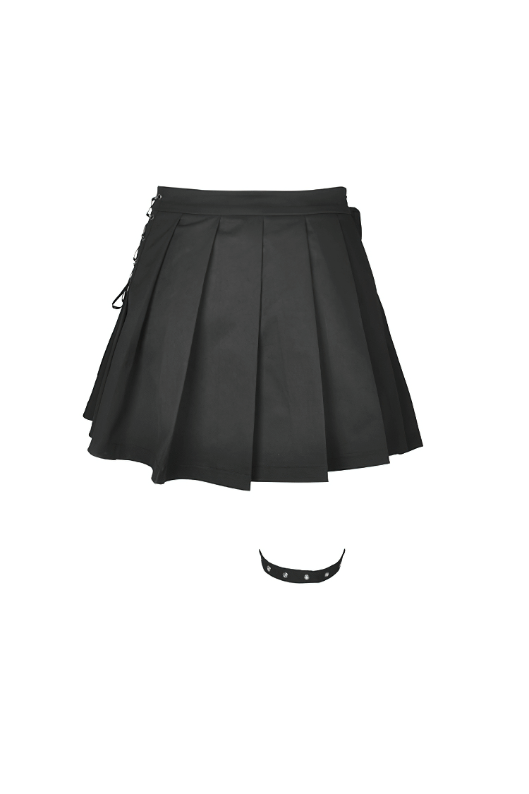 Punk pleated female mini skirt in black with pocket and leg belt, showcasing an edgy gothic style.