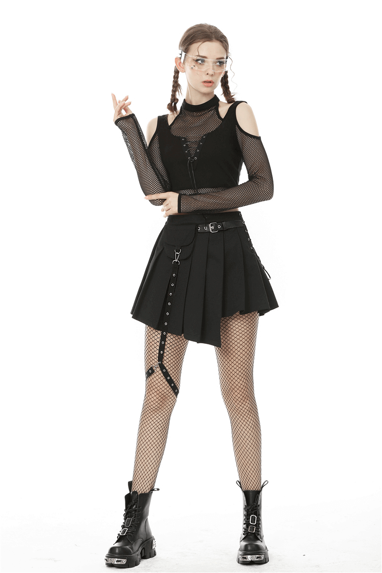 Punk Pleated Female Mini Skirt with Pocket and Leg Belt