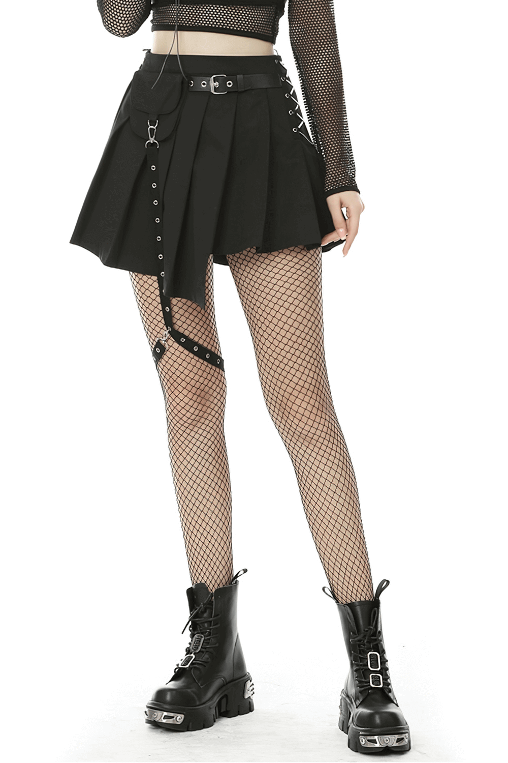 Edgy black punk mini skirt with asymmetrical pleats, side pocket, and leg belt for a bold fashion statement.