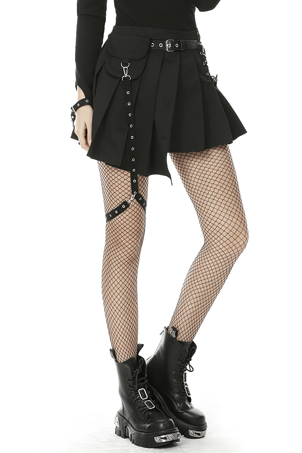 Punk pleated mini skirt with side pocket, leg belt, and fishnet stockings for an edgy gothic look.