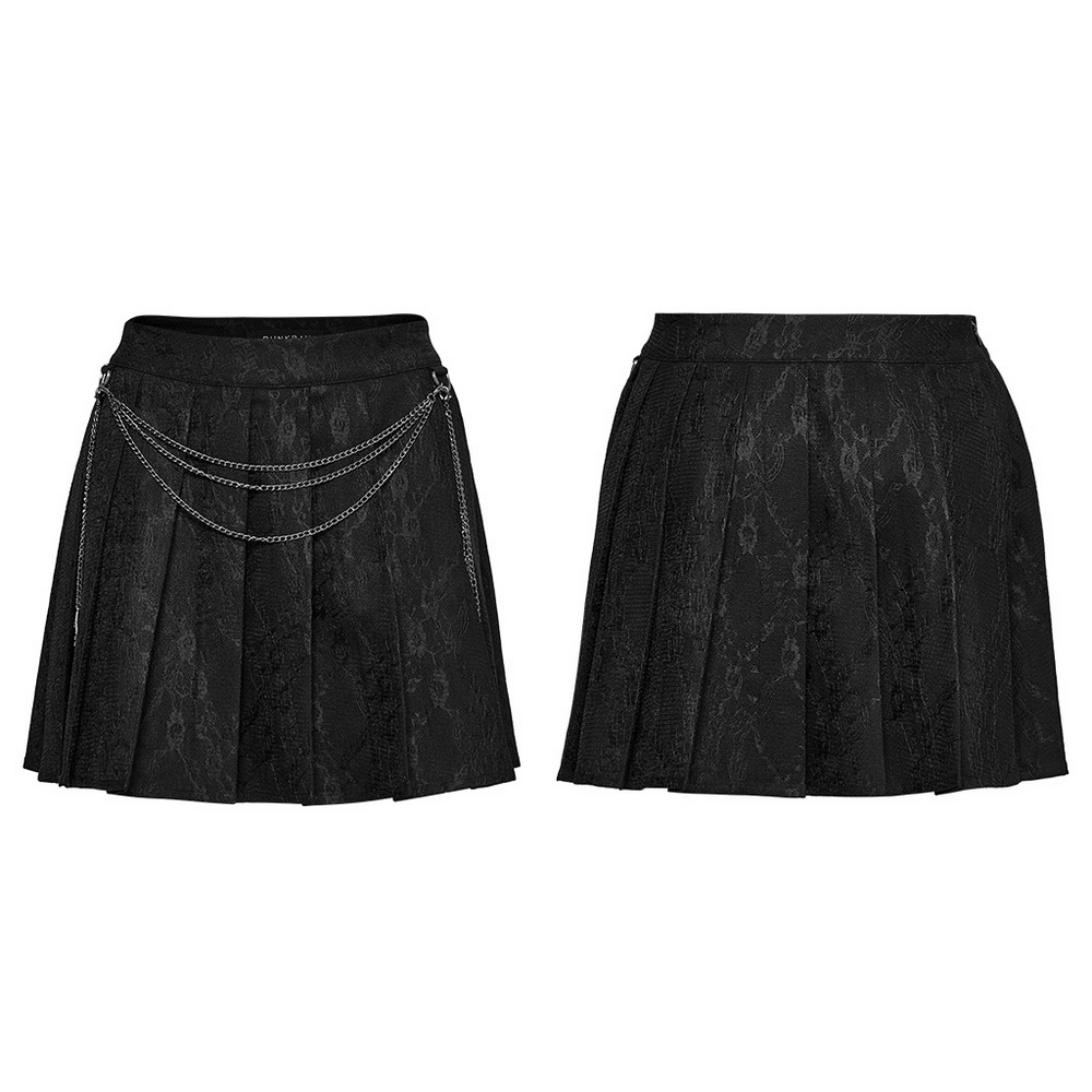 Punk pleated skirt featuring detachable chains and floral net design in black, perfect for expressing edgy style.
