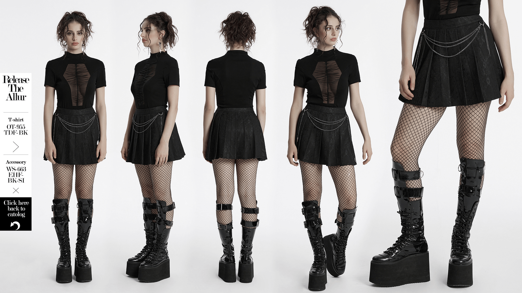 Punk pleated skirt with chains, floral net design, and edgy black outfit showcasing a bold style.