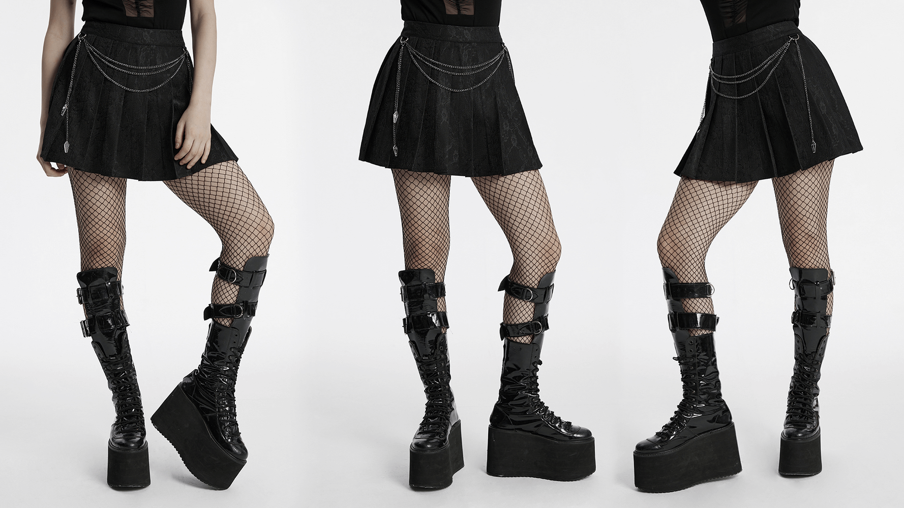 Edgy punk pleated skirt with chains and floral net design, perfect for modern punk aesthetics.