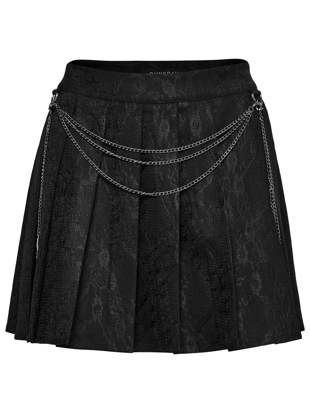 Punk pleated skirt with detachable chains and floral net design, perfect for bold individual style.