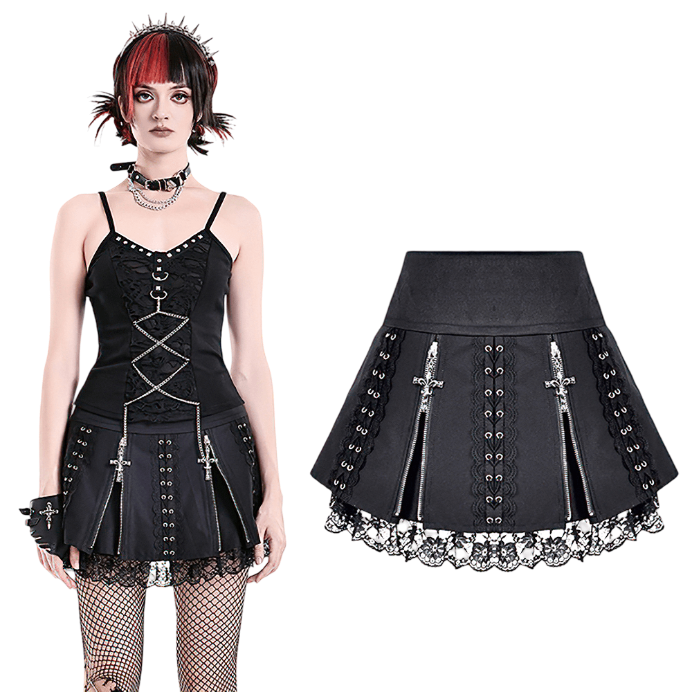 Punk-Faltenrock mit Spitzenbesatz und Korsettdetails