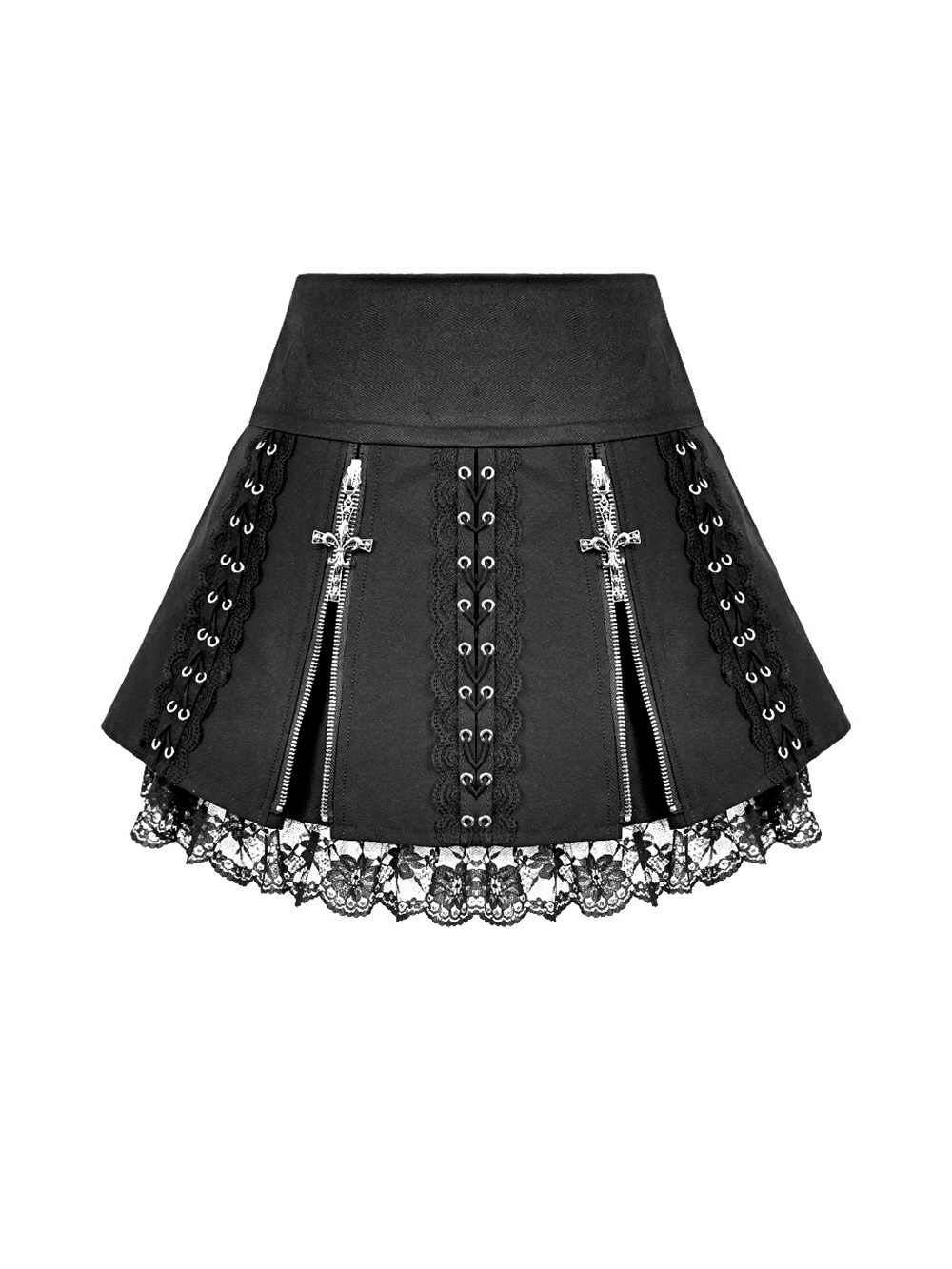 Punk-Faltenrock mit Spitzenbesatz und Korsettdetails
