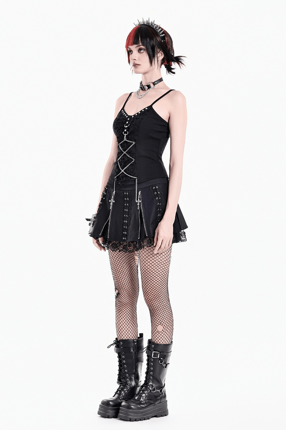 Punk-Faltenrock mit Spitzenbesatz und Korsettdetails