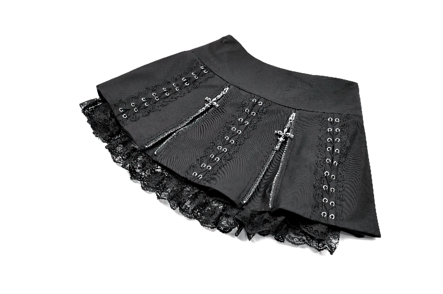 Punk-Faltenrock mit Spitzenbesatz und Korsettdetails