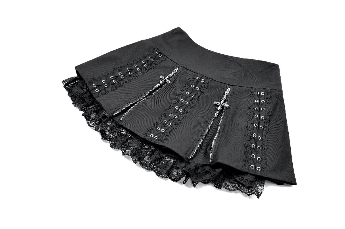Punk-Faltenrock mit Spitzenbesatz und Korsettdetails