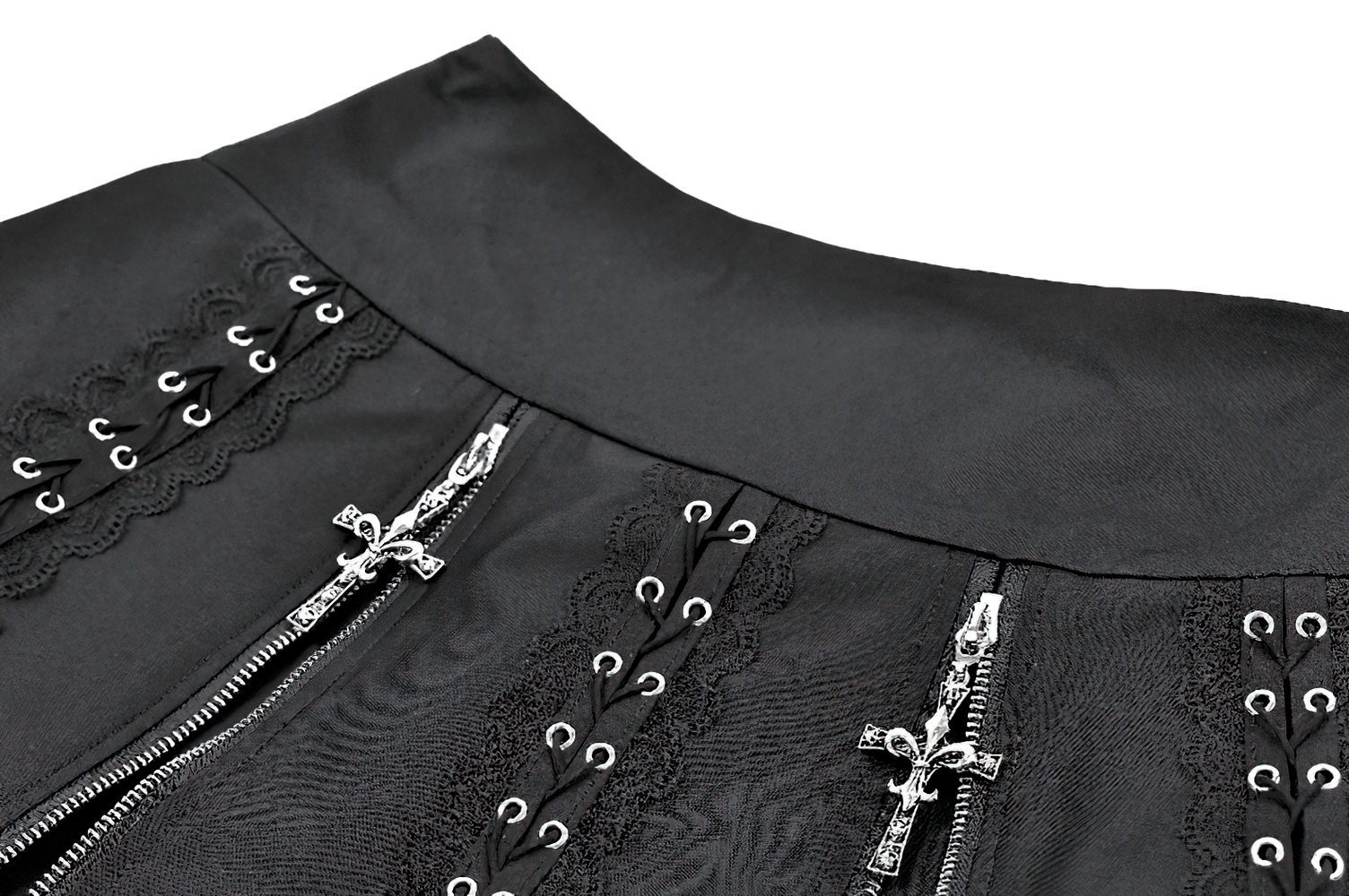 Punk-Faltenrock mit Spitzenbesatz und Korsettdetails