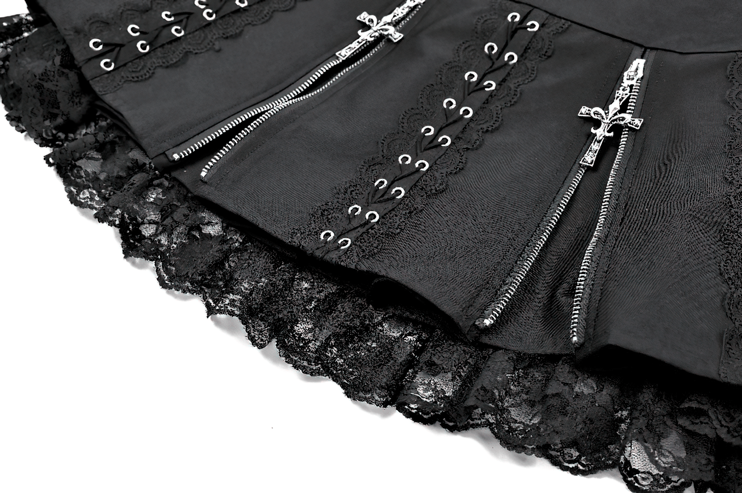 Punk-Faltenrock mit Spitzenbesatz und Korsettdetails