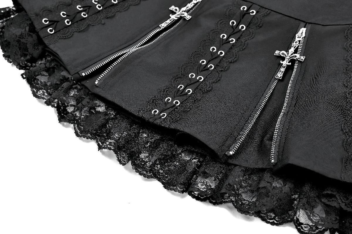 Punk-Faltenrock mit Spitzenbesatz und Korsettdetails