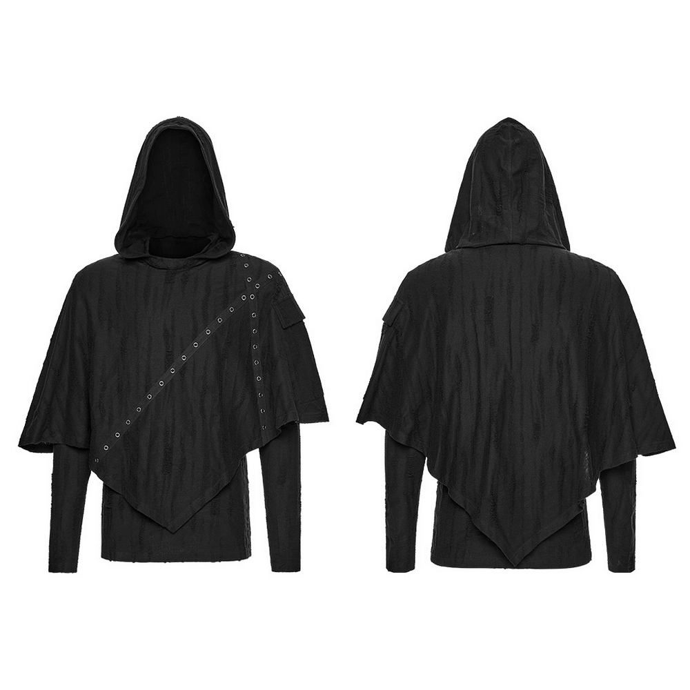 Punk Poncho Hoodie with Metal Eyelet and Pocket featuring tattered design and layered look.