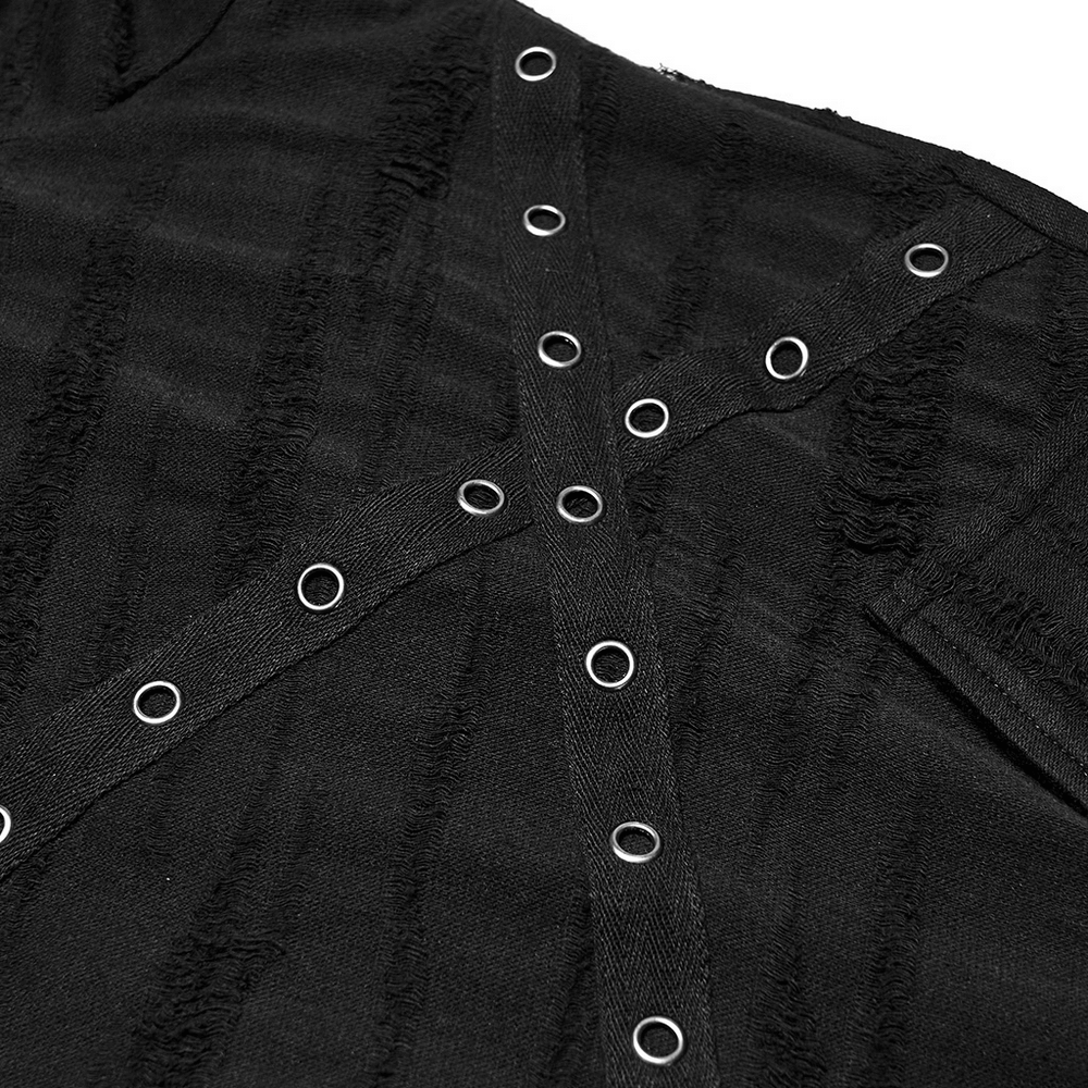 Close-up of Punk Poncho Hoodie with Metal Eyelet and Pocket, showcasing tattered fabric and metal eyelet details.