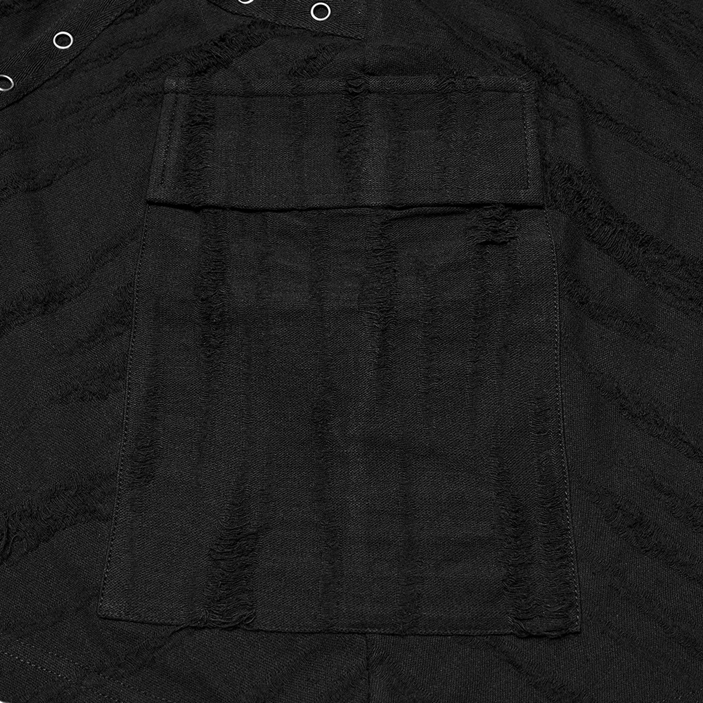 Close-up of Punk Poncho Hoodie with Metal Eyelet and Pocket, showcasing tattered fabric and patch pocket details.
