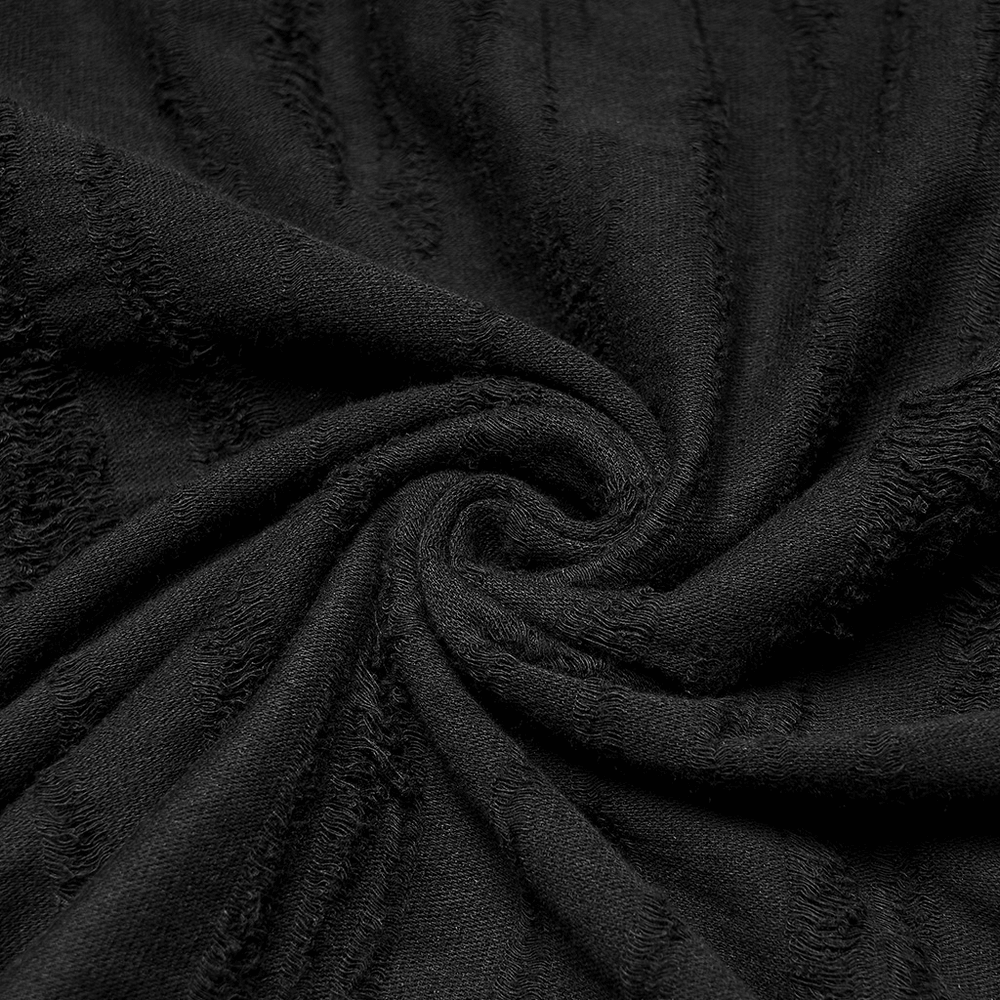 Close-up of tattered black fabric showcasing texture for Punk Poncho Hoodie with Metal Eyelet and Pocket.
