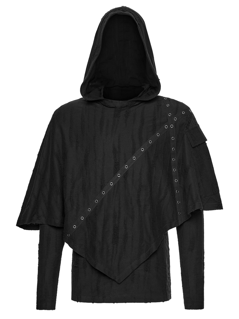 Punk Poncho Hoodie with Metal Eyelet and Pocket featuring tattered fabric and edgy design.