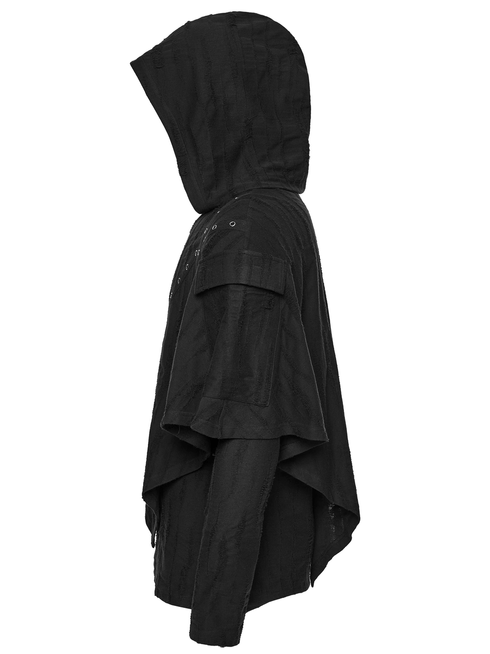 Punk Poncho Hoodie with Metal Eyelet and Pocket shown in side view featuring tattered fabric and unique design.