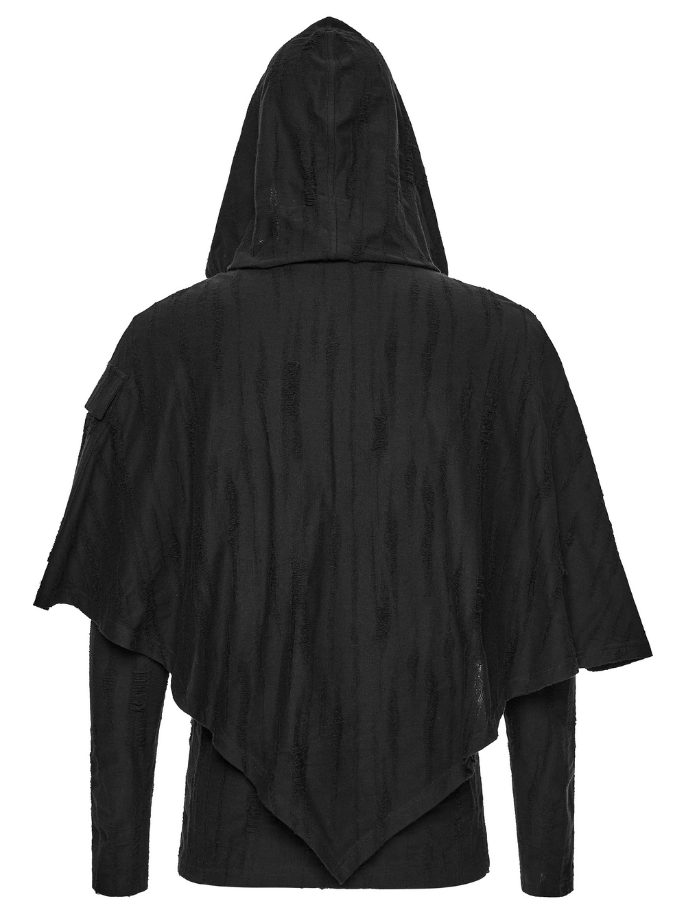 Punk Poncho Hoodie with Metal Eyelet and Pocket showcasing a tattered, rugged back view design.