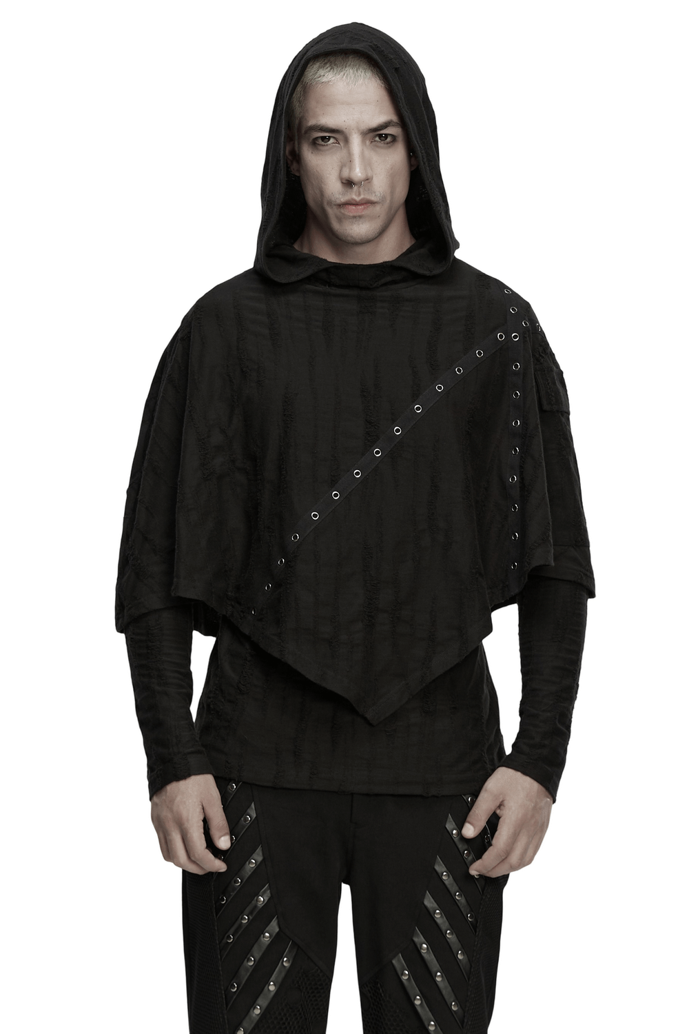 Punk Poncho Hoodie with Metal Eyelet and Pocket worn by a model showcasing the edgy style and distressed fabric.